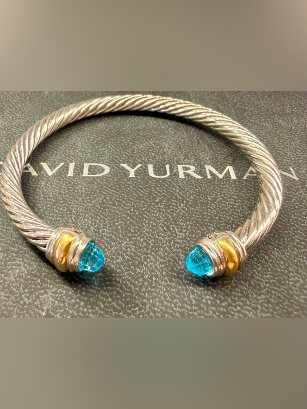 David Yurman Silver Cable Bracelet with Bright Blue Topaz and Gold. Vermeil